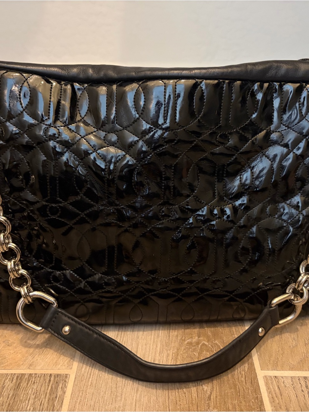 Donald J. Pliner Black Patent Quilted Shoulder Bag with Chain Accent